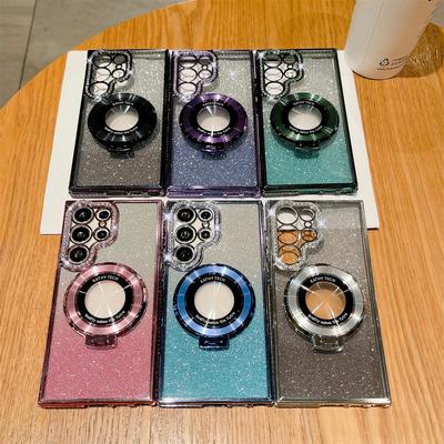 Samsung 25 Ultra Mobile Phone Case Rhinestone Flash Powder Electroplated Magnetic Bracket for Women's Model Suitable for S24 Soft Shell Anti Fall