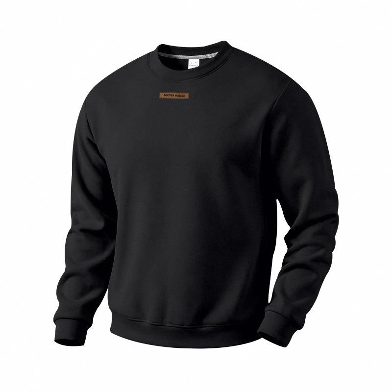 Men's Crew Neck Sweatshirt Solid Color Long Sleeve Pullover Top with Small Chest Label Casual Loose Fit Daily Wear Sweatshirt