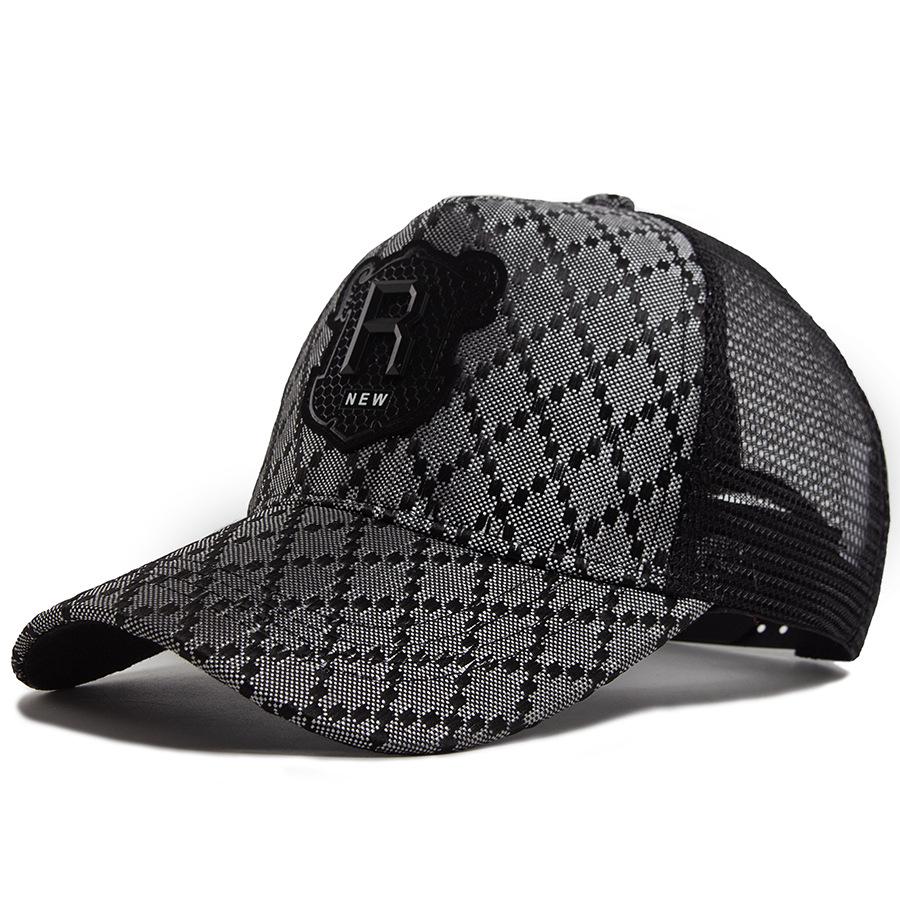 R Embroidered Plaid Leather Patch Baseball Cap - Unisex Mesh Sun Hat for Summer Casual & Hip Hop Style