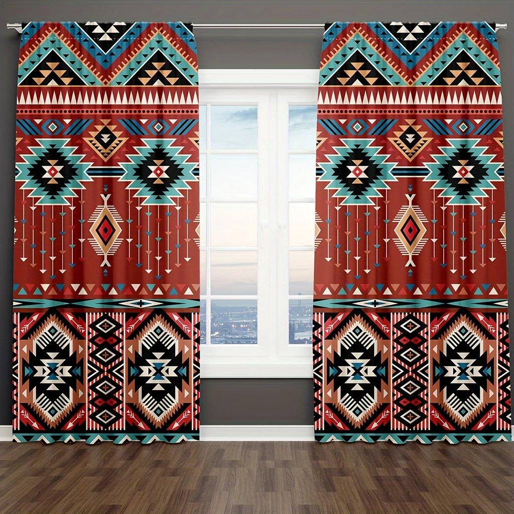 2PCS- Ethnic Retro Bohemian Mandola Pattern Printed Curtains, Pole Bag Curtains, Home Decoration, Room Decoration