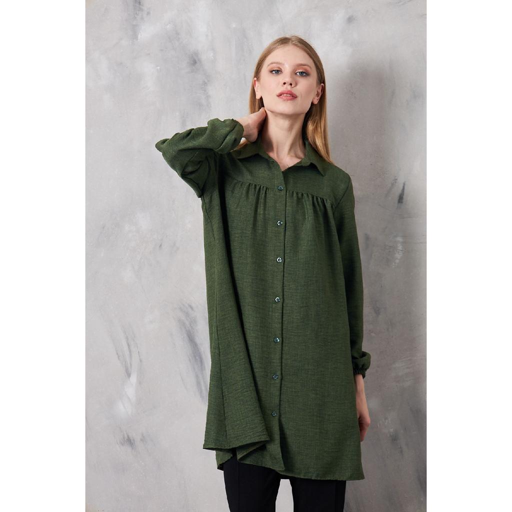 Women's Imported Linen Tunic Shirt With Gathered Front And Elastic Sleeves