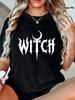 Damen Hexen Grafikdruck T-Shirt Schwarz & Weiß Halbmond & Fledermäuse Design, Lockere Passform Kurzarm Rundhals Lässiges T-Shirt