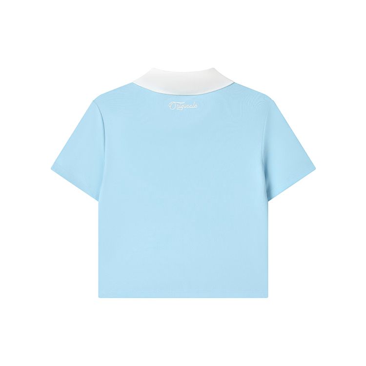 FILA Original Series Logo Print Color Block Knit V-Neck T-Shirt Women Tops Crystal-Blue F11W319104F-LB