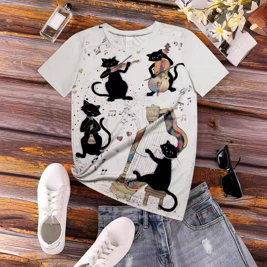 3D Cat Painting Women's T-shirt Cat Image Printing Round Neck Casual Summer Tops