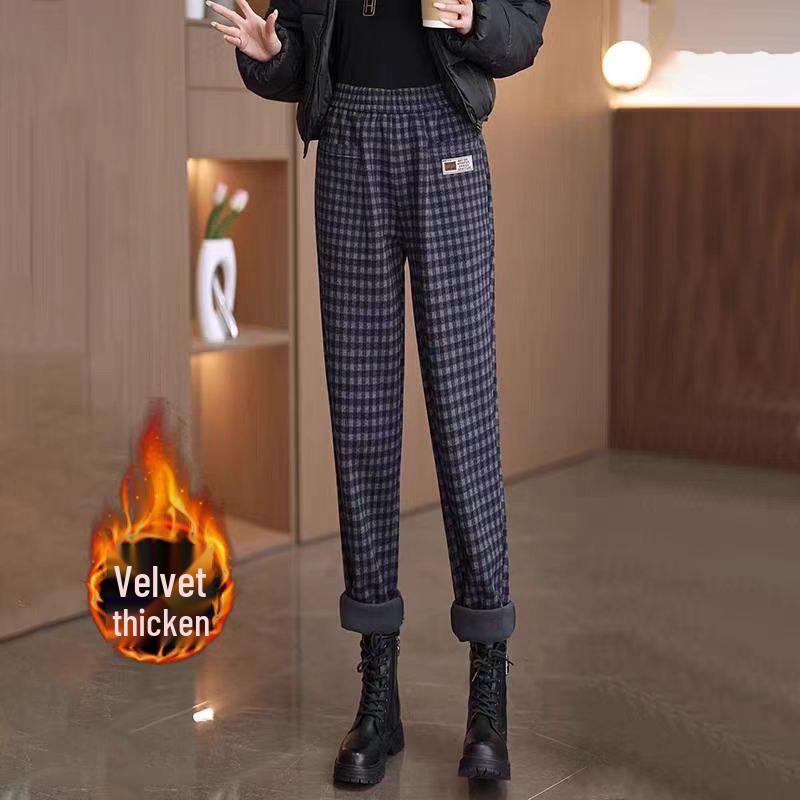 

Women s High Waist Velvet-Lined Plaid Harem Pants - Loose Fit, Elastic, Straight Leg, Casual Large Size 2XL (95-105 jin)