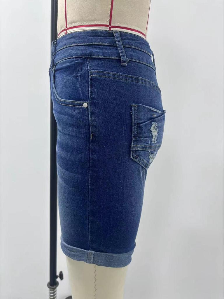 Women's Mid-Length Elastic Denim Shorts - Double-Button Washed Jeans, European & American Style Fashion.