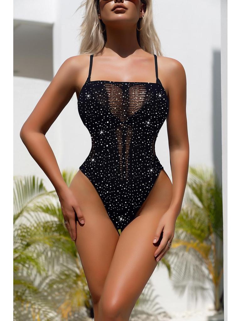 Stylish Black Fishnet Lingerie: Sexy See-Through Bodysuit with Tempting Hollow Design