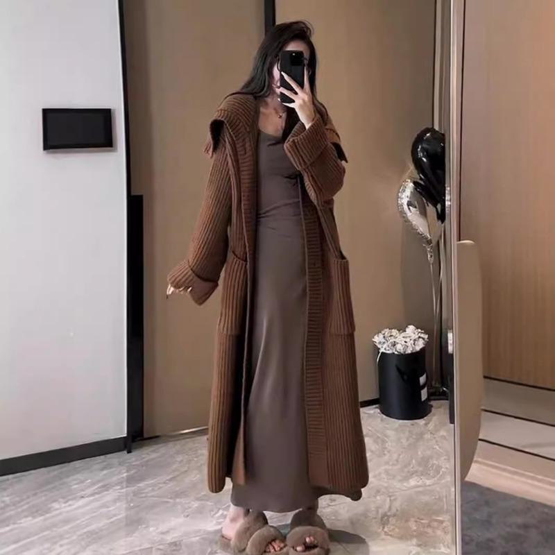 Lazy Wind Soft Waxy High-end Knitted Cardigan Women's Autumn and Winter Outer Wear Medium and Long Knee-loose Sweater Jacket