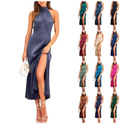 Kadın Düz Renk Seksi Yüksek Bel Yüksek Boyun Yarık Gece Elbisesi Elbise