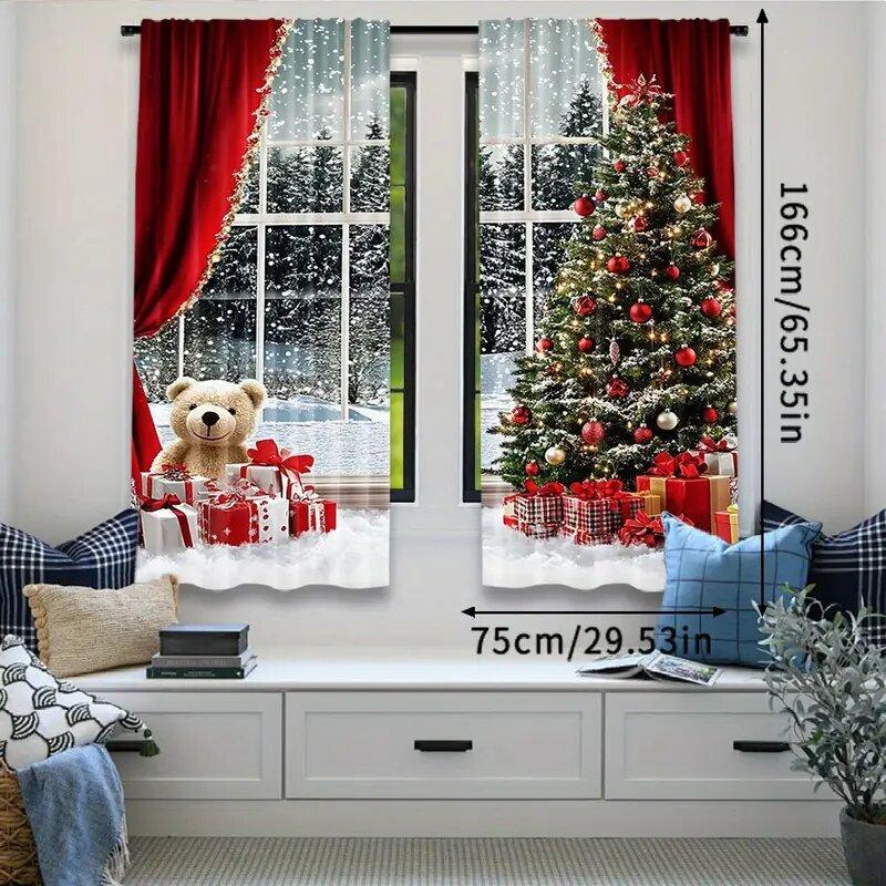 Snow Scene Tree Pattern Printed Curtains Christmas Decorations Home Room Curtain Set Of 2 Made Polyester Washable