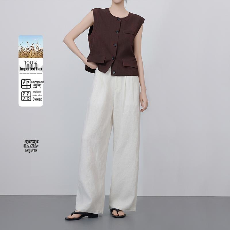 

Women s Summer Pink Linen Wide-Leg Pants - Old Money Style, Breathable, White, Straight-Leg, Casual Extra Large білий