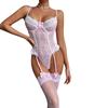 Europäischer und Amerikanischer Damen Colorblock Rosa Patchwork Body, Sexy Spitze Besatz Dehnbar Slim-Fit Dessous mit Strumpfhalter und Strümpfen