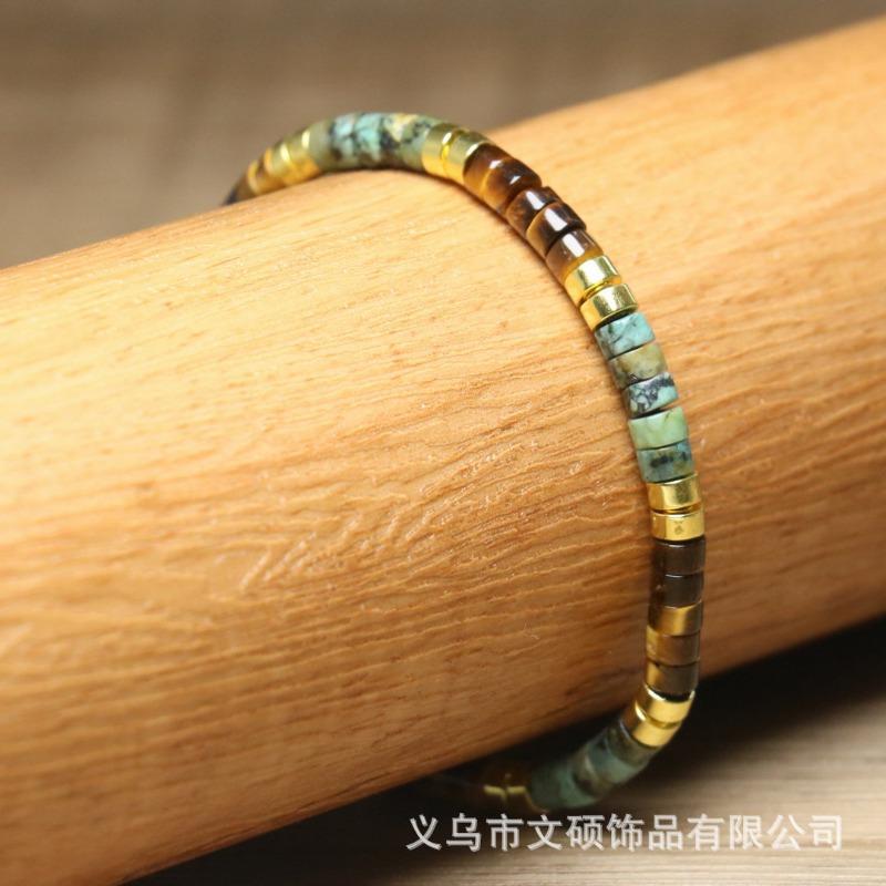 Tiger Eye Turquoise Tube Bead Bracelet – Gold Accent Adjustable Boho Jewelry, Courage Protection Gift for Men & Women