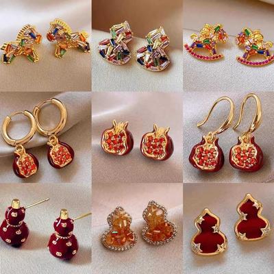 New Year's Red Drip Oil Red Fireworks Pony Zircon Pearl Stud Earrings Retro Earrings Earrings Women