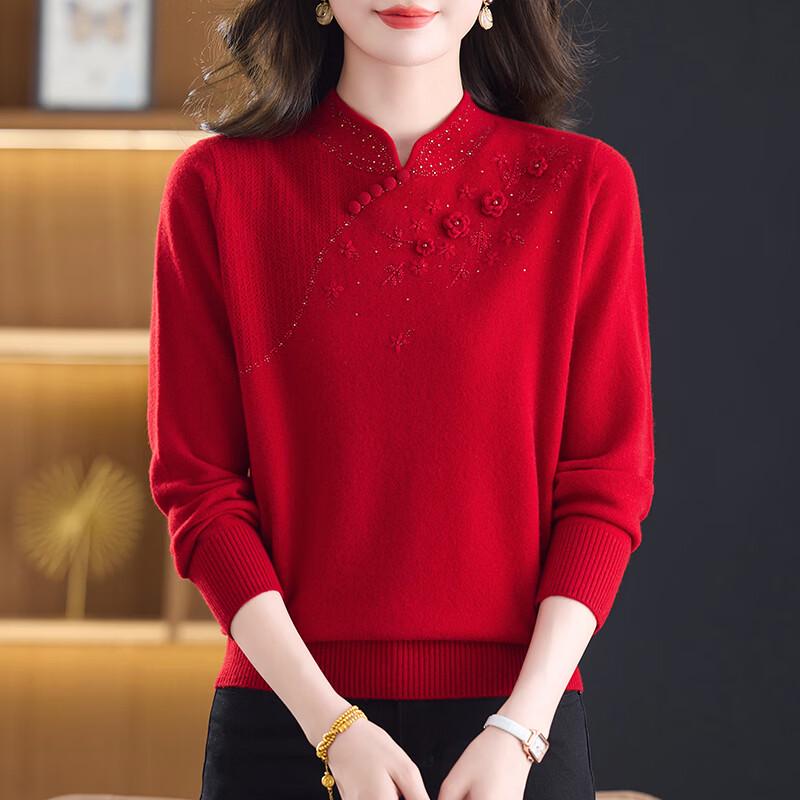 Hengyuanxiang Women's Floral Embroidered Cheongsam-Collar Wool Sweater