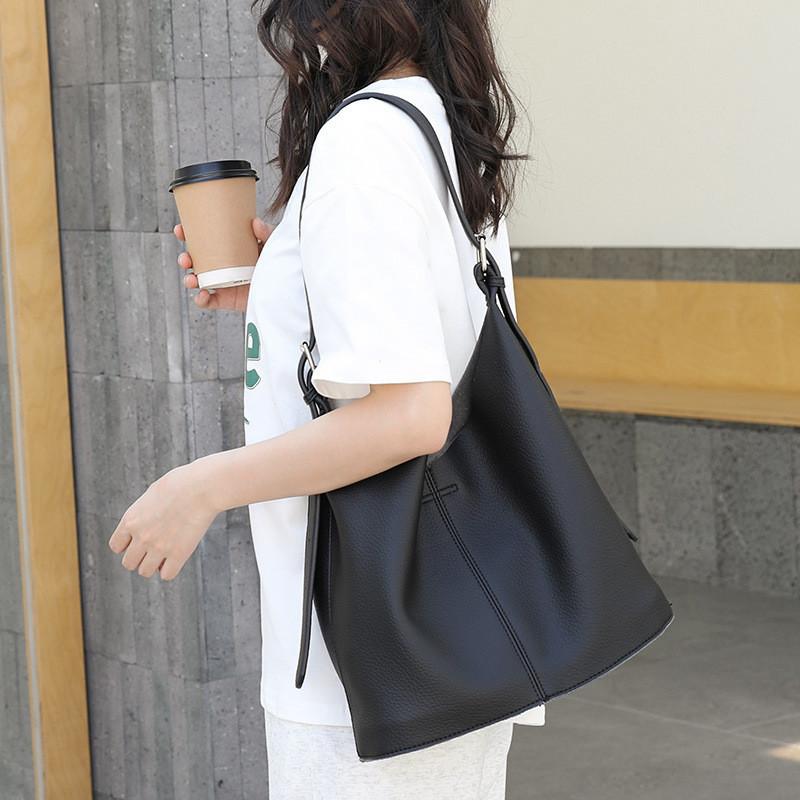 IELGY Korean version of casual retro bucket bag, fashionable lychee pattern child and mother bag, soft leather shoulder messenger women's bag