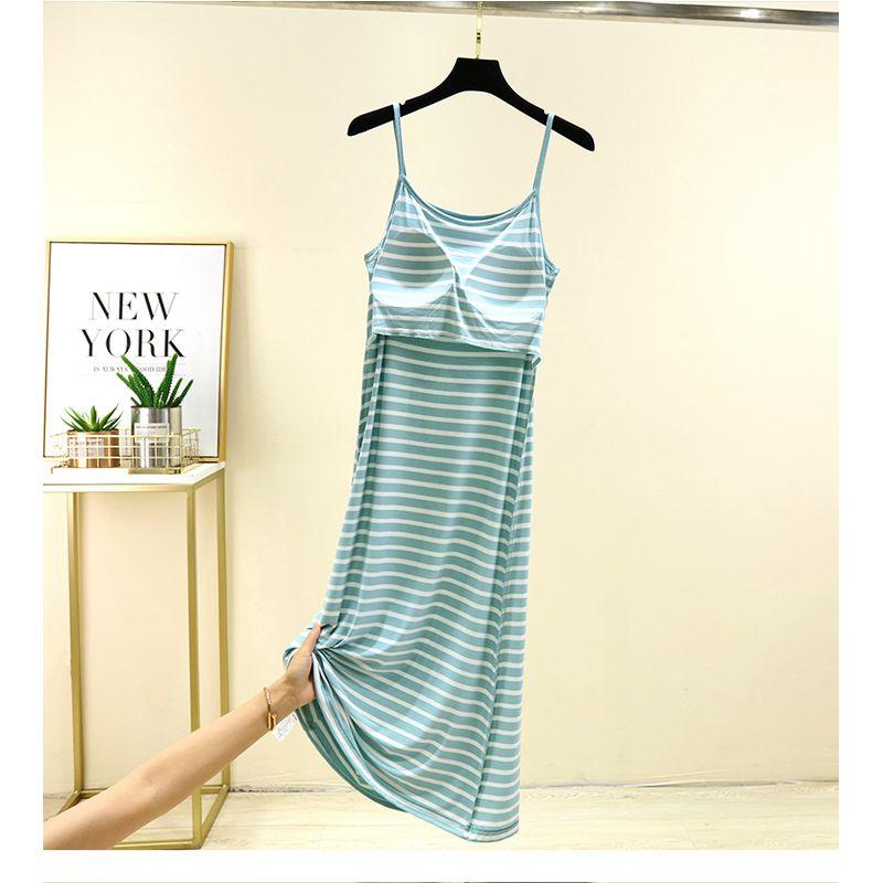 Chest Pad Modal Suspender Skirt Plus Size Slimming Chest Cotton One-Piece Bottoming Underdress Ice Silk Stripe Mid-Length Nightdress