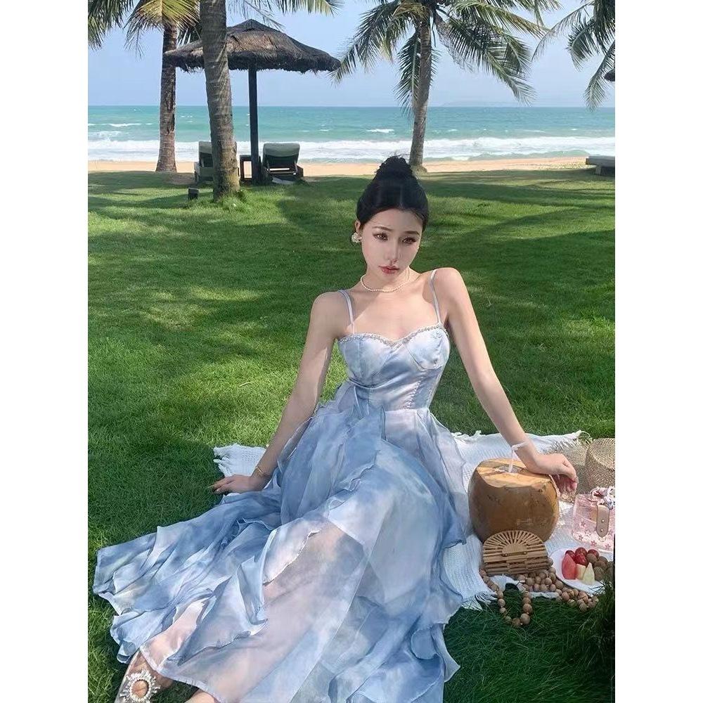 Coffee Break French Blue Suspender Dress Women's Summer New Seaside Vacation Beach Dress Sunset Fairy Skirt