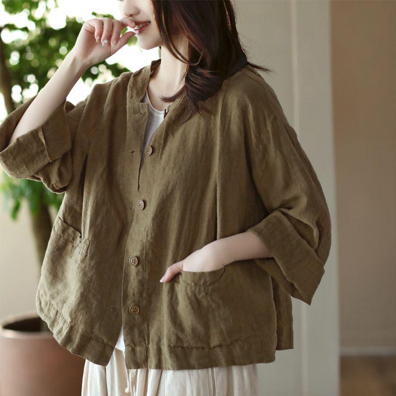 2025 Retro Women’s Cotton Linen Hooded Cardigan - Loose, Thin, Long Sleeve, Sun Protection, Short Jacket for Spring/Summer