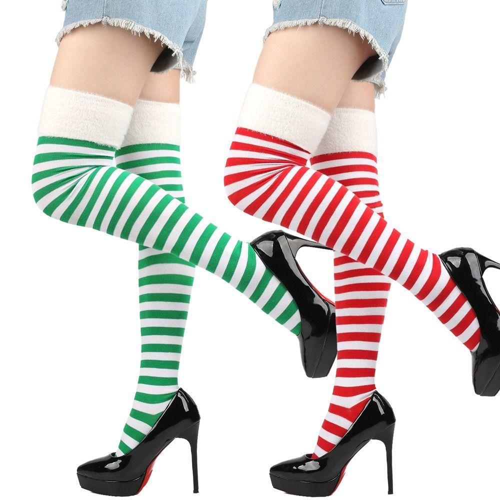 NEW Polyester Cotton Over Knee High Socks Multi-color Slim Christmas Hosiery Striped Long Socks Women