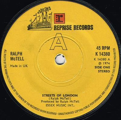 7inch Record RALPH MCTELL - Streets Of London K14380 Reprise Records 1975 UK Rock Used