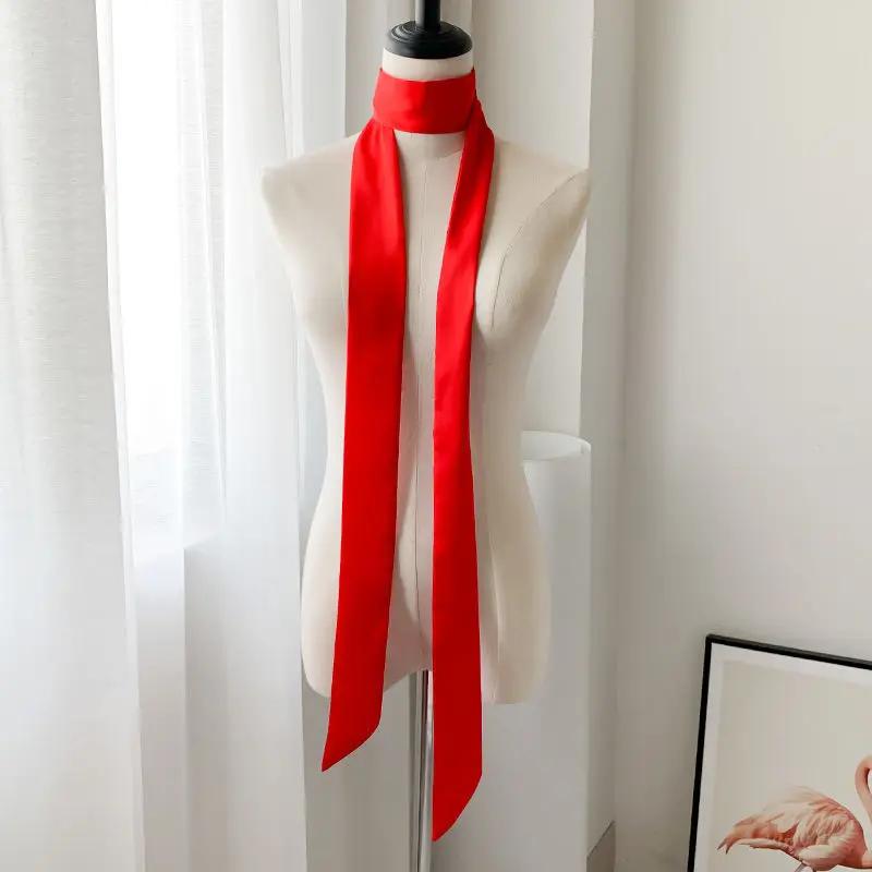 Long Skinny Hair Scarf For Women Silk Satin Headband Cute Neckerchief Solid Colors 190*5cm Fashion Bag Scarves For Ladies