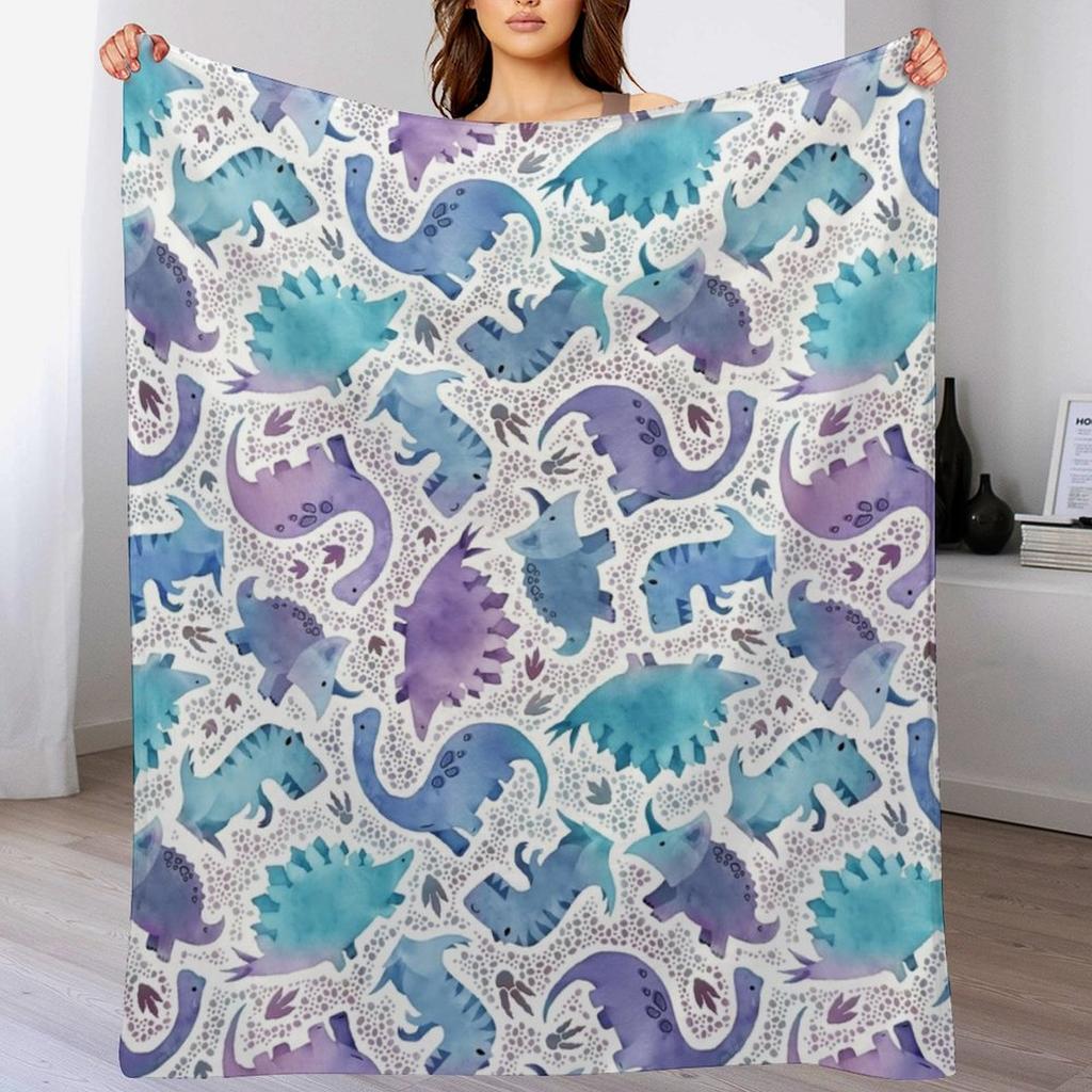 Watercolor dinosaur purple and blue on navy Throw Blanket Multi Use Warm Blanket for Living Room Bedroom
