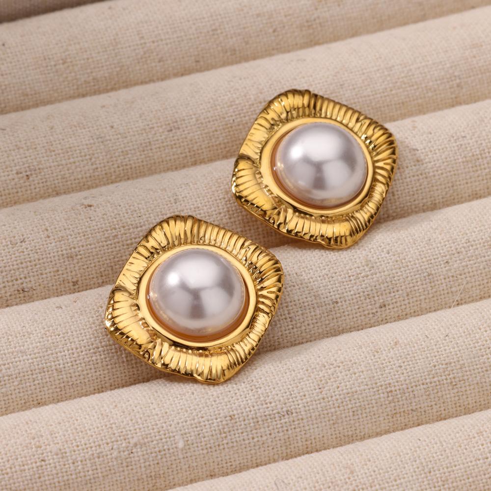 Elegant Imitation Pearl Stainless Steel Earring for Women Gold Color Large Stud Earring Anti Fading Wedding Party Charm Jewelry