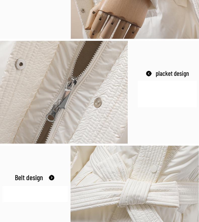Women's Stylish Over-the-knee White Duck Down Jacket - Long, Slimming, Warm, Waist-Cinched Belted Winter Outerwear.