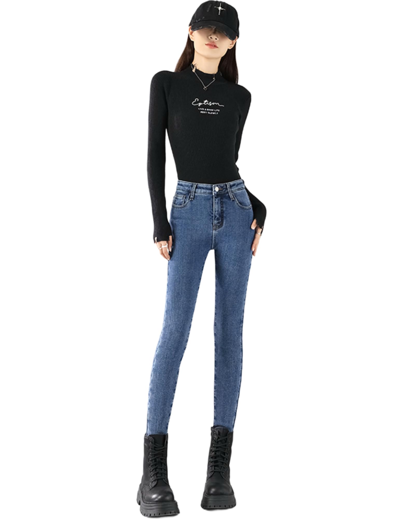 

denim jeans for skinny slim [JINJUDUO] Fleece-lined women, autumn/winter, fit, stretchy, fit, flattering, comfortable, warm, casual, stylish. синий