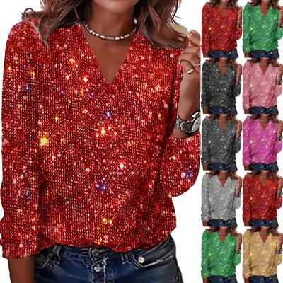 Women's Printed V-neck Long Sleeved T-shirt Pullover Top