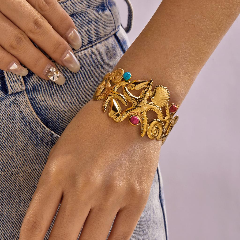 Übertriebene Metallschale Seestern Offene Armreifen für Damen Edelstahl Geometrisch Hohl Wickel Manschettenarmband Sommer Handgelenkschmuck
