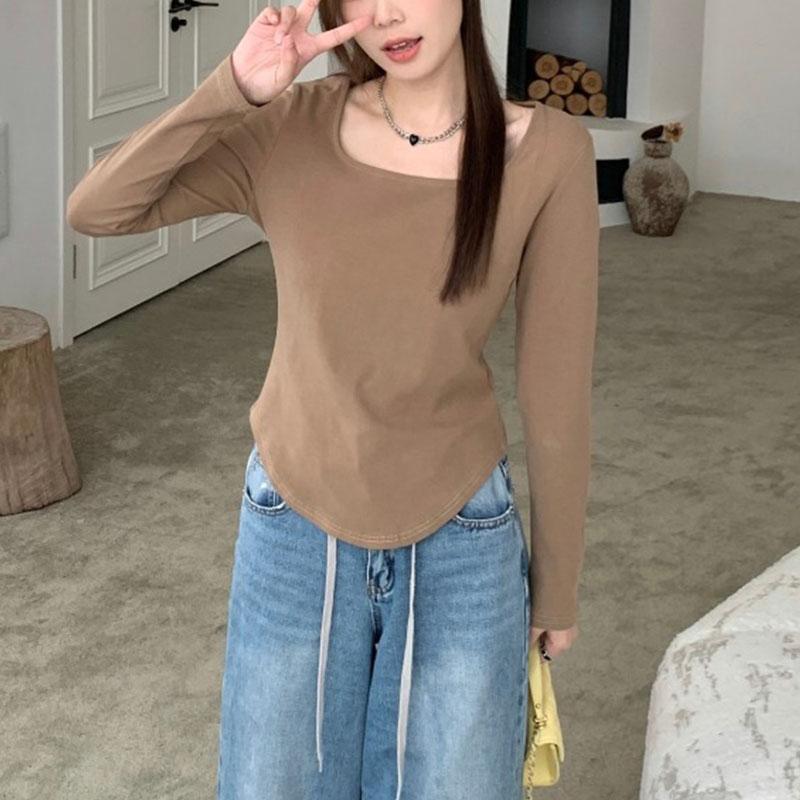 Long Sleeved T-shirt Women Autumn New Right Shoulder Cover Belly Fashion Casual Slim Hot Girl Top