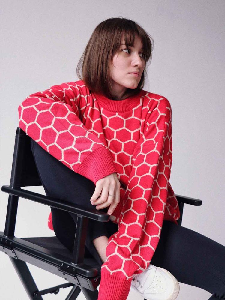 Autumn Winter Honeycomb Print Sweater Women's Round Neck Loose Temperament Versatile Comfortable Long-sleeved Knit Top