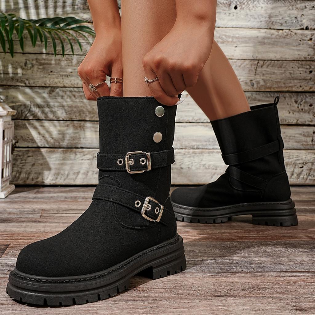 Women Ankle Boots Retro British Style Mid-Calf Boots Two-Way Wear Thick Bottom Belt Buckle Knight Boots Spring Autumn New Shoes