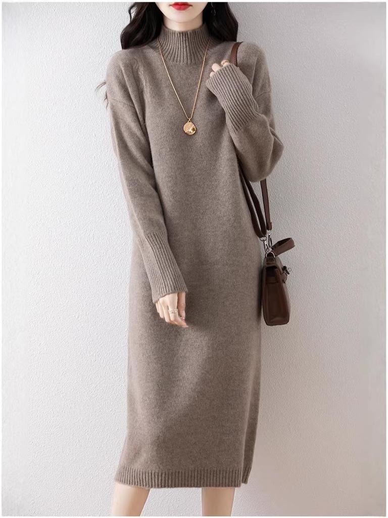 Women's Slim Fit Knit Sweater Dress, Half-High Collar, Over-the-Knee, Long Skirt, Mid-Length, Base Layer.