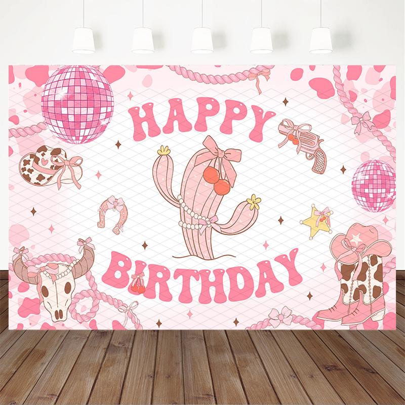 Mocsicka Pink Western Cowgirl Happy Birthday Photography Backdrop Cactus Cowboy Boots Background Cloth Girls Party Photo Booth