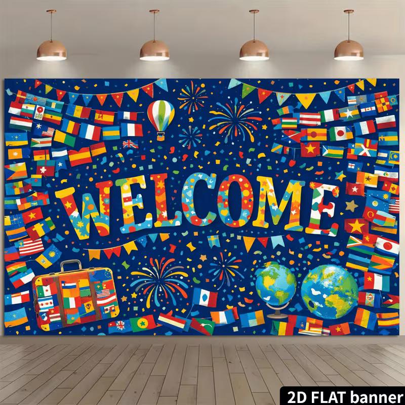 2D World Flags Welcome Backdrop with Globe and Travel Suitcase Design