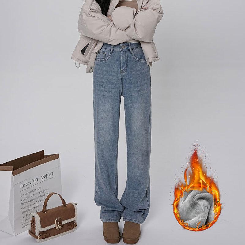 

Джинсы с высокой посадкой для женщин, Утепленные плюшевым бархатом, Прямые, Свободные, Зауженные, Ретро, Широкие брюки, Универсальные 2XL