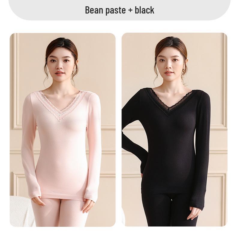 Women's Lace V-Neck Thermal Underwear Set - Slimming, Shaping, Heat-Generating Cotton