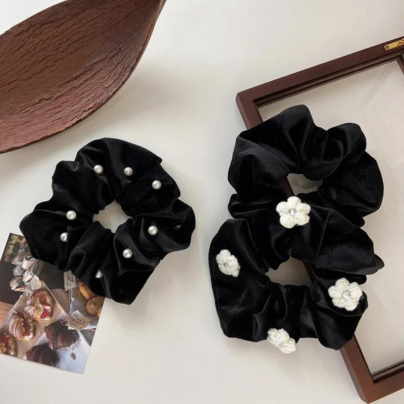 Retro Black Velvet Pearl Rope Hair Headband Flowers Hairband For Woman Temperament Hair Ties Rubber Band Female Hair Accessories