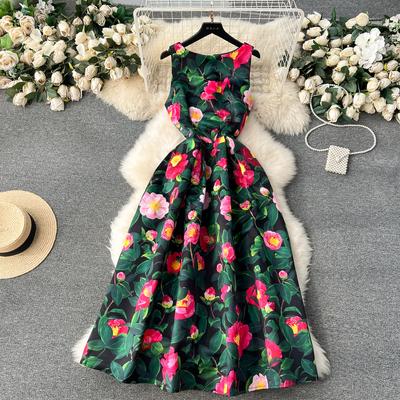 Ανοιξιάτικο Καλοκαίρι Vintage Flower Print Party Sundress Γυναικεία μόδα με στρογγυλή λαιμόκοψη Αμάνικα μακριά μάξι τανκ φορέματα