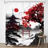 Japanese Cherry Blossom Shower Curtain Watercolor Black Red Floral Asian Chinese Mountain Sun Anime Fabric Waterproof