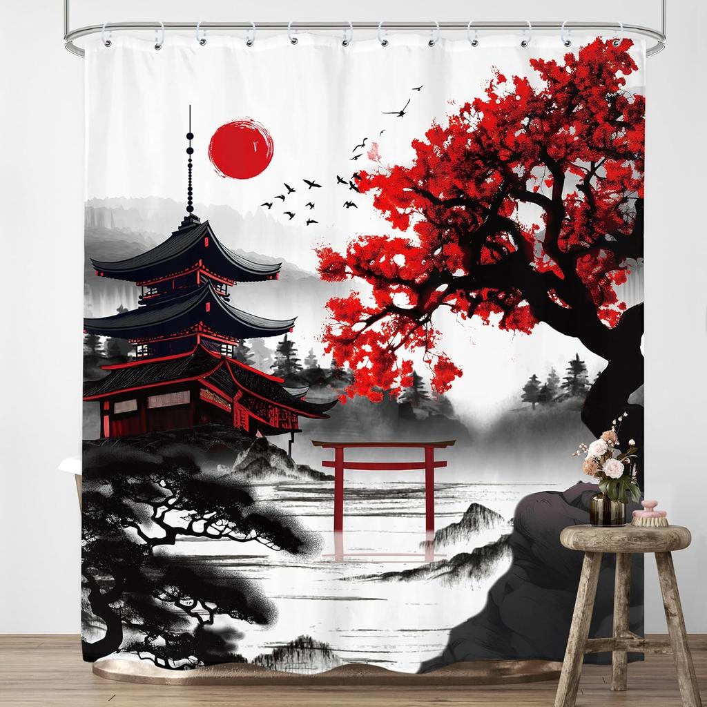 Japanese Cherry Blossom Shower Curtain Watercolor Black Red Floral Asian Chinese Mountain Sun Anime Fabric Waterproof