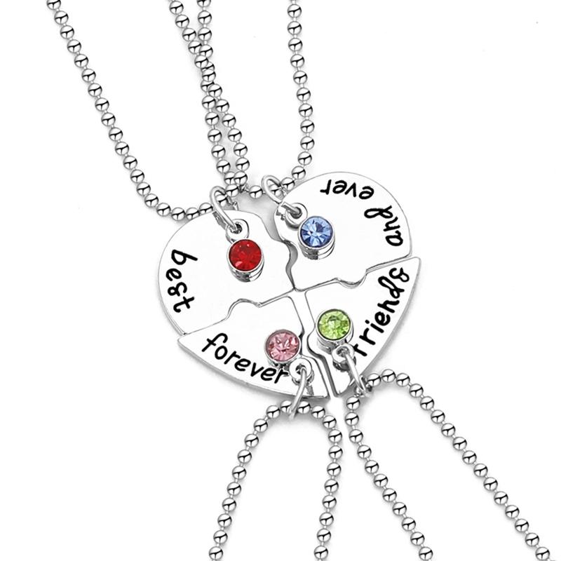 4 Pcs Best Friend Forever Splicing Necklaces Children's Cartoon Necklace Rhinestones Broken Heart Pendant Necklaces