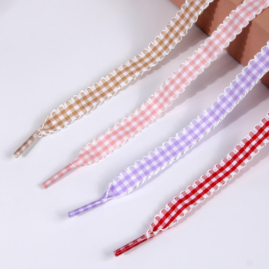 Scalloped Edge Gingham Shoelaces 1.2cm Width Ruffled Plaid Ribbon Laces Multicolor Anti-Slip Knot Decor Strings for Casual Shoes