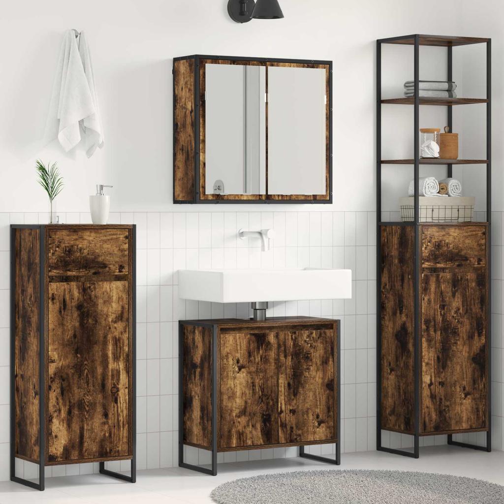 Bathroom Furniture Set with Shelf Smoked Oak Wood Based Material