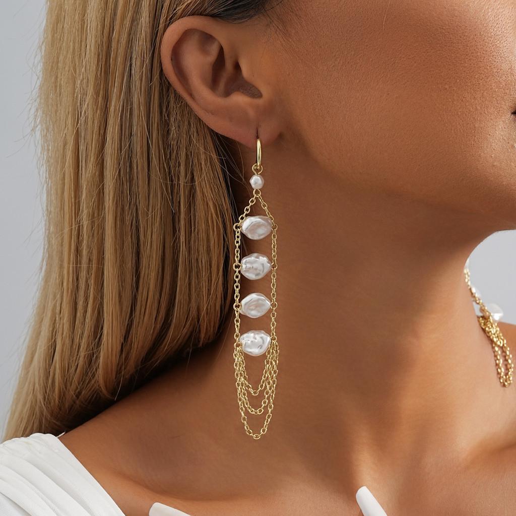

White Chic Geometric Faux Pearl Earrings With Chain Tassels For 2023 Women