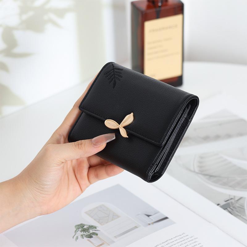 

Ladies Short Leaf Wallet, Embroidered Flower Wallet, Zipper Coin Student Multi functional Change Card Bag чорний