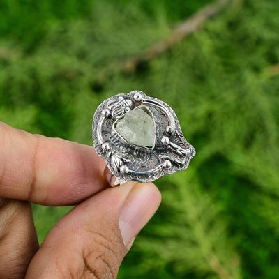Natural Prehnite Rough Gemstone Multi Stone Adjustable Ring 925 Silver For Women
